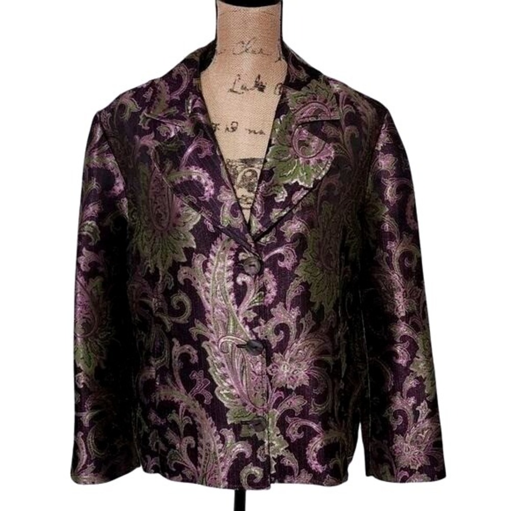 CHICO'S Silk Paisley Brocade Blazer Jacket Purple Green Button Front Career XL‎